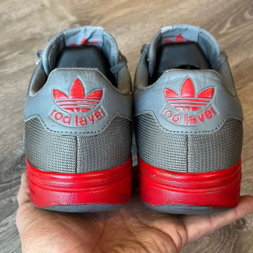 Adidas Rod Laver Tennis Shoes Gray Red Mens 8.5 Womens 9.5 UK 8 EU 42 - Picture 6 of 10